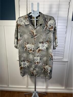 The Foundry Big & Tall Hawaiian Shirt XLT Grey Tropical Palm Rayon Short Sleeve
